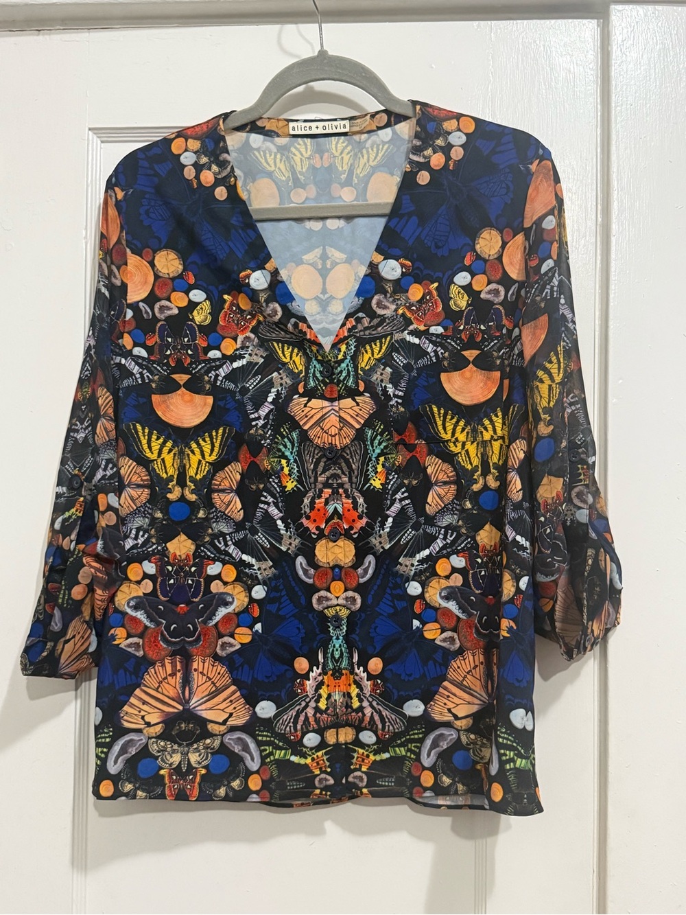Alice + Olivia Navy Butterfly V-Neck Button-up Blouse